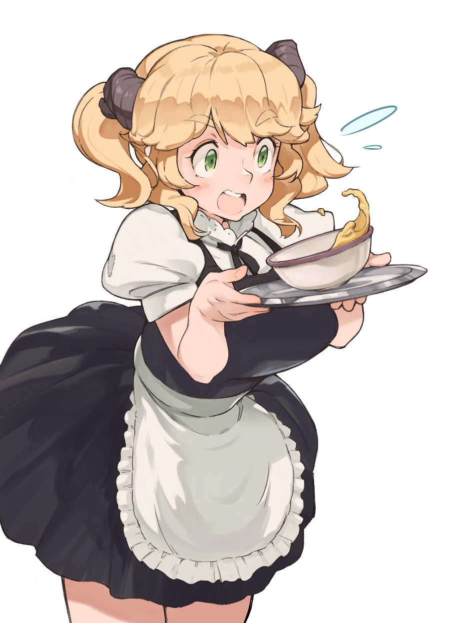 1girl aioi_u aletta alternate_costume apron bangs black_dress blonde_hair blush bowl breasts cowboy_shot dress enmaided eyebrows_visible_through_hair food frilled_apron frills highres isekai_shokudou large_breasts maid maid_dress open_mouth puffy_short_sleeves puffy_sleeves short_sleeves simple_background solo soup tray twintails white_apron white_background