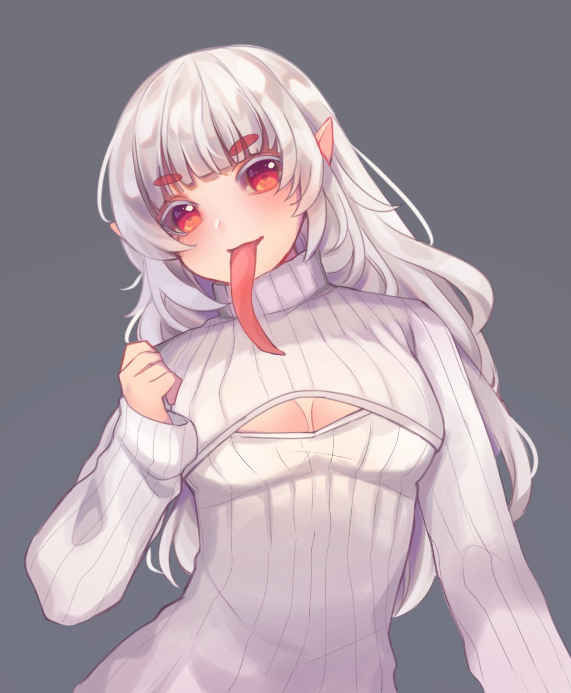 ad-6-0001a bangs blunt_bangs breasts cleavage eyebrows_visible_through_hair grey_background head_tilt highres long_hair long_tongue looking_at_viewer medium_breasts meme_attire mony_(mong12345678910) open-chest_sweater pointy_ears project_a.d.a. red_eyes ribbed_sweater silver_hair sleeves_past_wrists sweater tongue tongue_out turtleneck turtleneck_sweater white_sweater