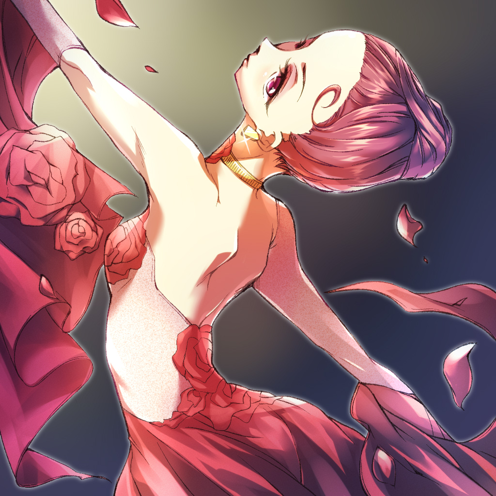 1girl back ballroom_e_youkoso bare_shoulders dress earrings flower formal hiyama_chinatsu jewelry lips makeup nyaa_(nnekoron) red_dress red_eyes red_hair see-through solo