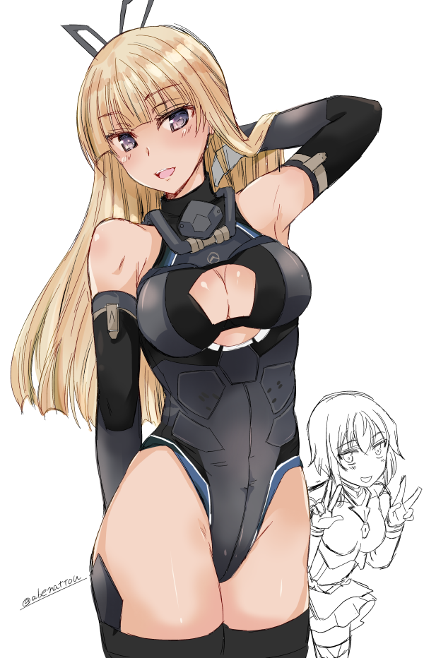 2girls abenattou alice_gear_aegis araime_yasuri arm_behind_back arm_behind_head bangs black_footwear black_gloves black_leotard blonde_hair blunt_bangs boots breasts brown_eyes cleavage_cutout closed_mouth clothing_cutout commentary_request double_v elbow_gloves eyebrows_visible_through_hair gloves hand_in_hair head_tilt highleg highleg_leotard kaneshiya_sitara leaning_forward leotard long_hair looking_at_viewer medium_breasts multiple_girls open_mouth partially_colored peeking_out short_hair simple_background sleeveless smile standing thigh_boots thighhighs twitter_username v white_background