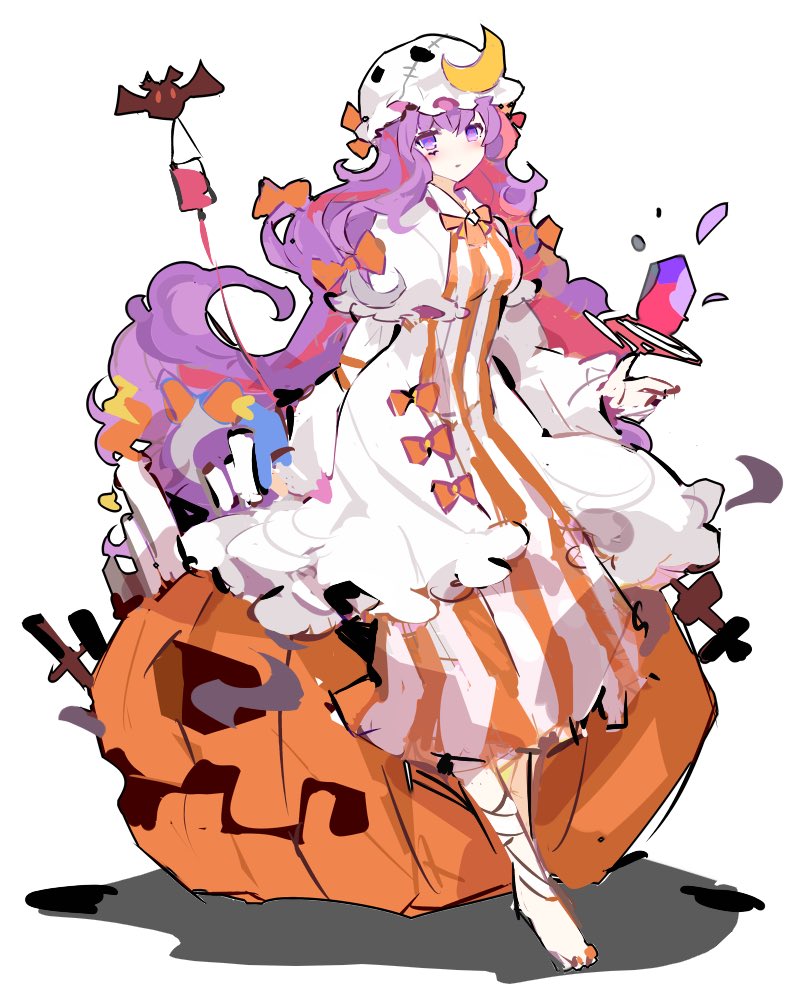 1girl alternate_color bandaged_leg bandages barefoot bat blood blood_bag bow breasts candle commentary_request crescent crescent_moon_pin crystal dress full_body hair_bow hat ideolo intravenous_drip jack-o'-lantern long_hair long_sleeves looking_at_viewer medium_breasts mob_cap orange_bow orange_dress patchouli_knowledge purple_eyes purple_hair simple_background solo striped striped_dress touhou white_background white_dress white_headwear