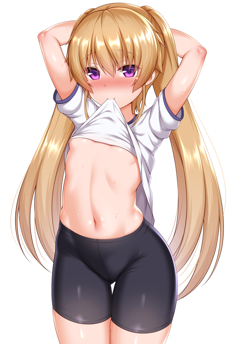 1girl ao_no_kanata_no_four_rhythm arisaka_mashiro arms_behind_head bangs bike_shorts blonde_hair blush breasts commentary_request cowboy_shot eyebrows_visible_through_hair groin hair_between_eyes highres lifted_by_self long_hair looking_at_viewer mouth_hold navel nose_blush purple_eyes shirt shirt_lift short_sleeves sidelocks simple_background small_breasts smile solo standing stomach thigh_gap twintails underboob very_long_hair white_background white_shirt zirba