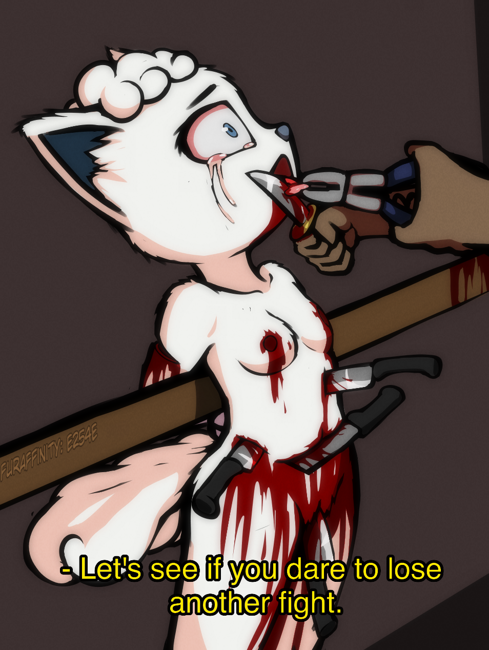 alolan_vulpix anthro bleeding_from_mouth bleeding_from_pussy blood bodily_fluids canid canine crying cutting e254e english_text female fox fur genitals gore hands_behind_back hi_res imminent_death interspecies knife loser mammal nintendo nipples penetrating_pussy pok&eacute;mon pok&eacute;mon_(species) pok&eacute;philia pussy regional_form_(pok&eacute;mon) scared solo subtitled tears text tongue tongue_out torture video_games vulpix white_body white_fur wounded