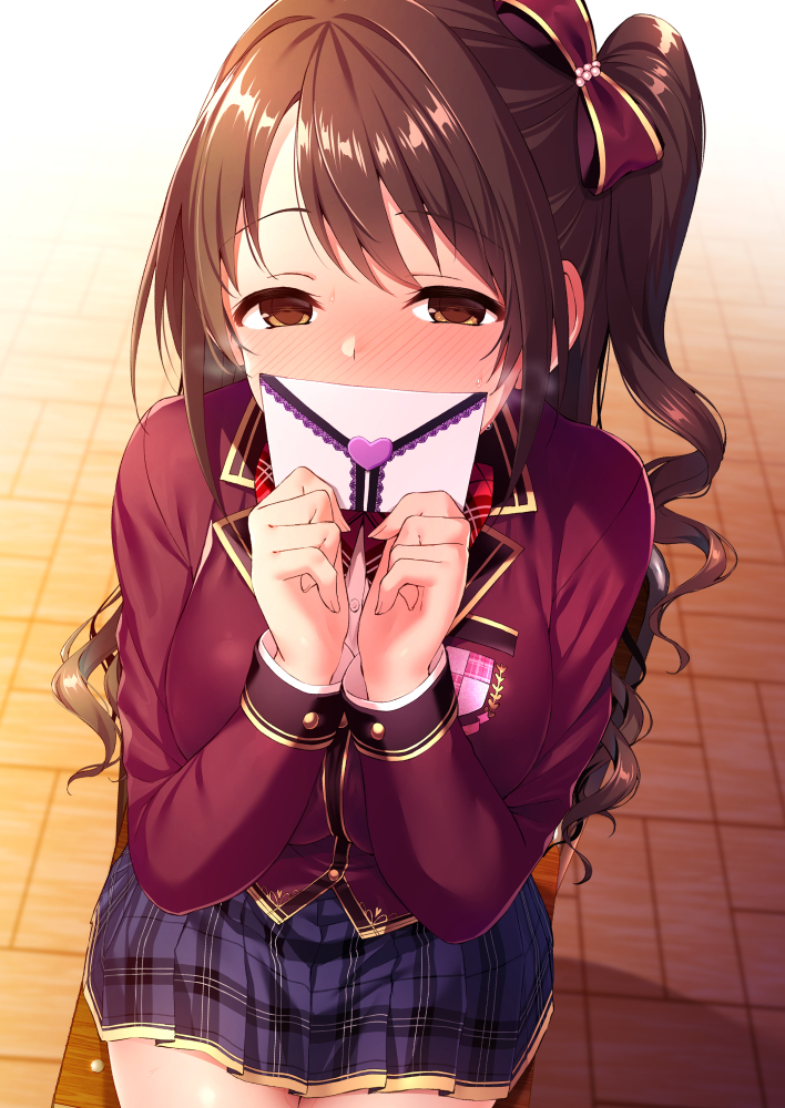1girl bangs blazer blush brown_eyes brown_hair chair commentary_request covering_mouth from_above hair_ribbon heart idolmaster idolmaster_cinderella_girls idolmaster_cinderella_girls_starlight_stage jacket letter long_hair long_sleeves looking_at_viewer love_letter one_side_up pink_check_school plaid plaid_skirt pleated_skirt ribbon satou_kuuki school_chair school_uniform shimamura_uzuki side_ponytail sitting skirt solo