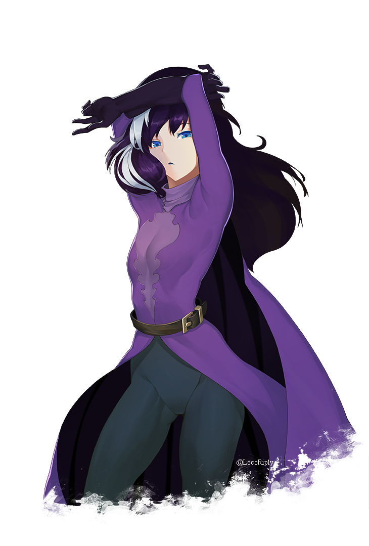 1girl arms_up bangs battletoads belt black_gloves black_hair black_legwear blue_eyes breasts cape cleavage cowboy_shot dark_queen_(battletoads) dmitriy_samarkin gloves long_hair long_sleeves multicolored_hair pantyhose purple_cape see-through simple_background solo streaked_hair twitter_username white_background white_hair