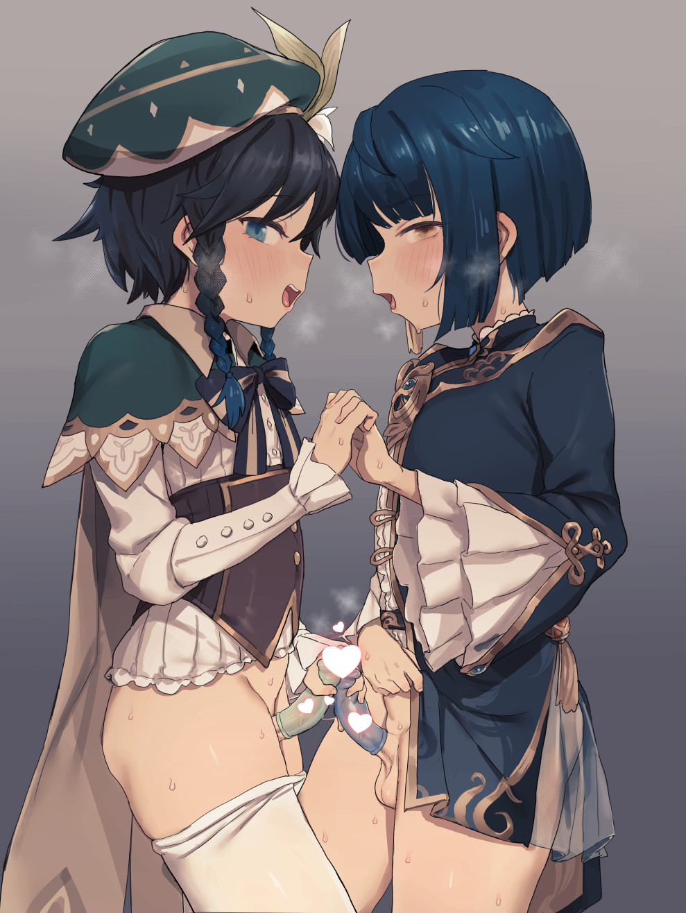 2boys bangs bee_(deadflow) black_hair blue_eyes blue_hair blush bottomless braid breath capelet censored chinese_clothes condom frills genshin_impact gradient_hair green_headwear grey_background hat heart heart_censor highres holding_hands long_sleeves male_focus multicolored_hair multiple_boys multiple_penises open_mouth penis penises_touching profile see-through side_braids simple_background sweat tassel venti_(genshin_impact) xingqiu_(genshin_impact) yaoi yellow_eyes