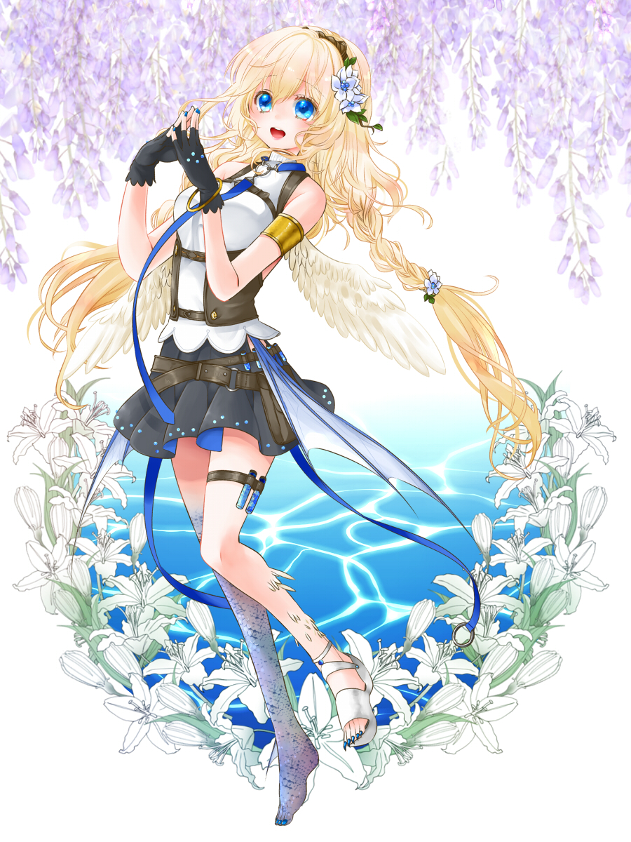 1girl :o armlet belt black_gloves black_skirt blue_eyes blue_nails blue_ribbon braid eiro feathered_wings fingerless_gloves flower full_body glee_(pixiv_fantasia_age_of_starlight) gloves hair_flower hair_ornament highres long_hair pixiv_fantasia pixiv_fantasia_age_of_starlight pouch ribbon shirt simple_background skirt sleeveless steepled_fingers thigh_strap toes twin_braids vial water white_shirt white_wings wings wisteria