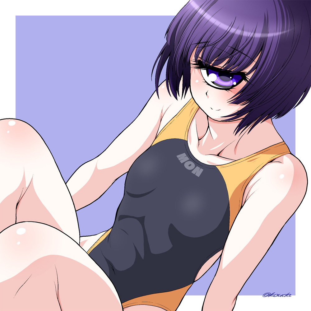 1girl bare_arms border breasts closed_mouth collarbone cyclops kouda_tomohiro looking_at_viewer manako monster_girl monster_musume_no_iru_nichijou one-eyed one-piece_swimsuit purple_eyes purple_hair short_hair small_breasts smile solo swimsuit white_border