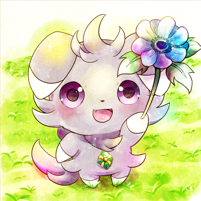 commentary_request espurr fang flower from_above fur gen_6_pokemon grass happy holding holding_flower jewelry kemoribon necklace no_humans open_mouth pokemon pokemon_(creature) purple_eyes smile solo standing tongue