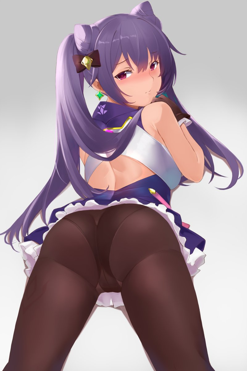 1girl ass bangs black_legwear blush dress earrings frilled_dress frills genshin_impact gloves hair_between_eyes hair_ribbon highres jewelry keqing long_hair looking_at_viewer looking_back nose_blush panties panties_under_pantyhose pantyhose purple_eyes purple_hair ribbon saisarisu simple_background skirt underwear vision_(genshin_impact)