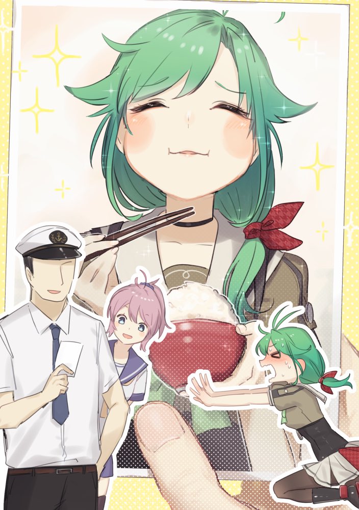 1boy 2girls admiral_(kantai_collection) antenna_hair aoba_(kantai_collection) black_legwear bowl chopsticks closed_eyes commentary_request faceless faceless_male green_hair grey_sailor_collar grey_skirt hair_over_shoulder kantai_collection long_hair matsu_(kantai_collection) multiple_girls pantyhose photo_(object) pleated_skirt rice rice_bowl sailor_collar sailor_shirt school_uniform serafuku shirt skirt solo_focus sparkle upper_body yamashiki_(orca_buteo)