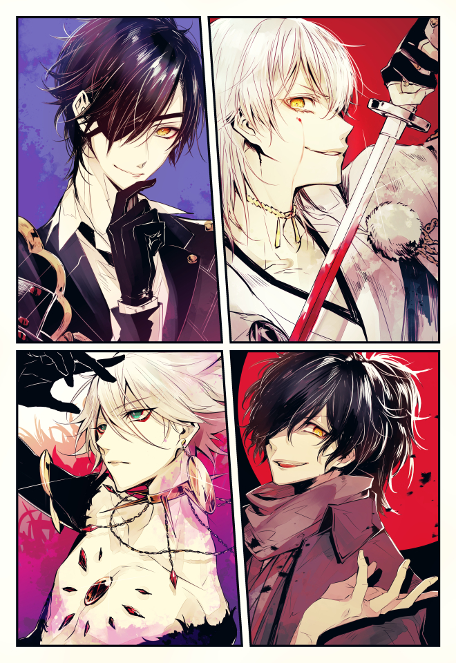 4boys bangs black_gloves black_hair blood bloody_weapon blue_eyes chest_jewel closed_mouth earrings eyebrows_visible_through_hair eyepatch eyeshadow fate/apocrypha fate_(series) gem gloves hair_between_eyes hair_over_one_eye holding holding_sword holding_weapon jewelry karna_(fate) long_sleeves makeup male_focus multiple_boys okada_izou_(fate) partially_fingerless_gloves shokudaikiri_mitsutada sparkle sword touken_ranbu tsurumaru_kuninaga weapon white_hair yellow_eyes yuu_(isis7796)