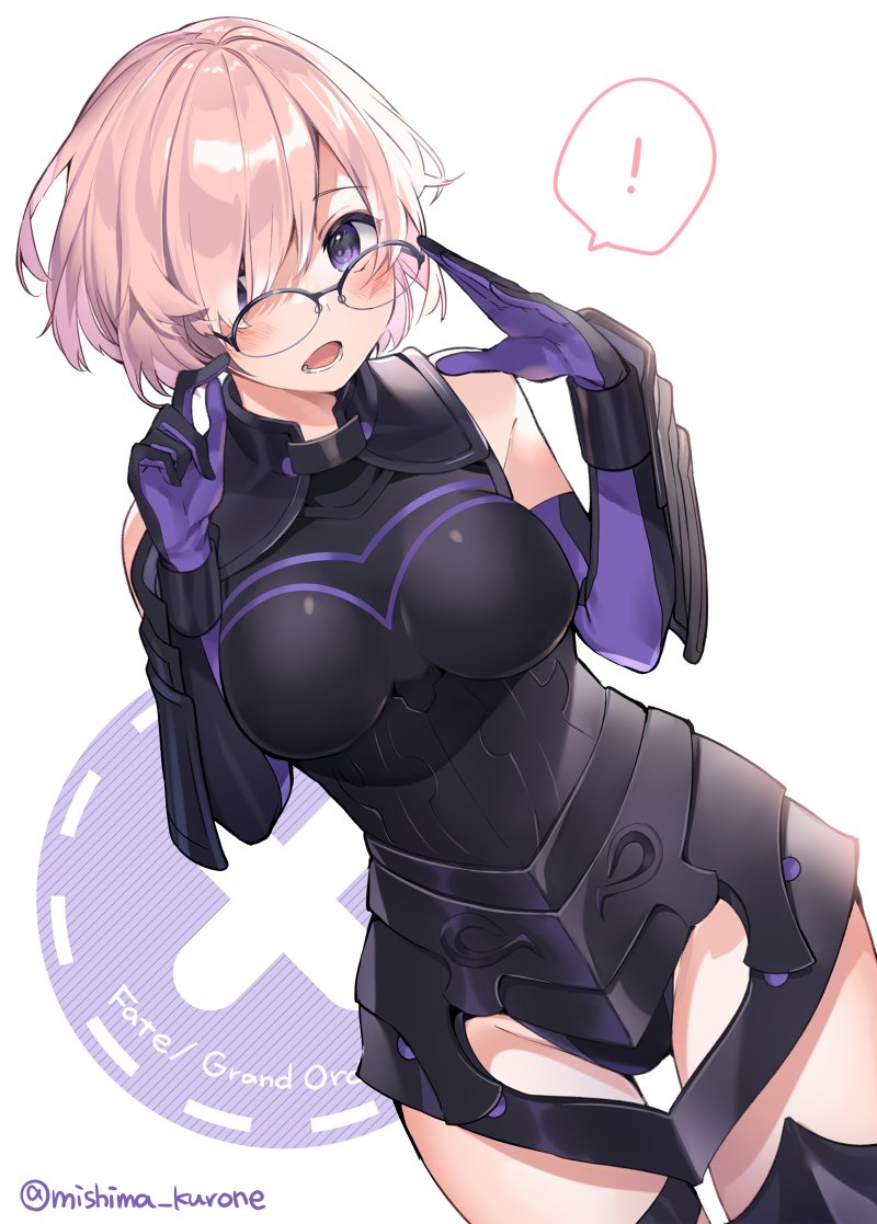 ! 1girl armor armored_boots armored_dress bangs black_dress blush boots breasts copyright_name dress elbow_gloves fate/grand_order fate_(series) faulds glasses gloves hair_over_one_eye large_breasts mash_kyrielight mishima_kurone open_mouth pink_hair purple_eyes simple_background solo spoken_exclamation_mark thigh_boots thighhighs two-tone_background