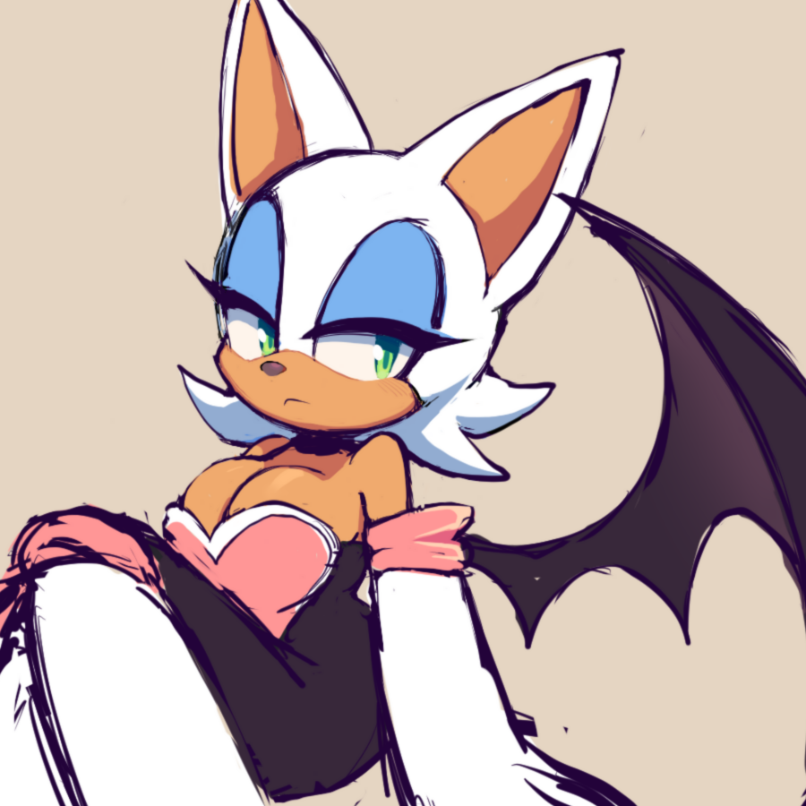 1girl :&lt; animal_ears bat_ears bat_tail bat_wings blue_eyeshadow boots breasts cleavage closed_mouth elbow_gloves english_commentary expressionless eyeshadow furry gloves green_eyes makeup motobug rouge_the_bat sideways_glance sitting solo sonic_the_hedgehog white_fur wings