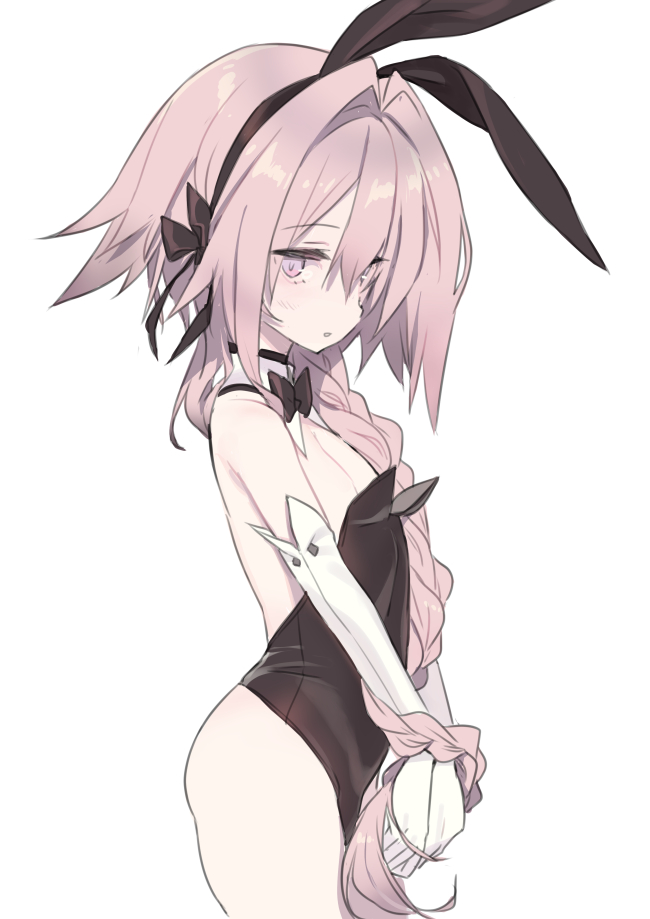 1boy animal_ears astolfo_(fate) blade_(galaxist) bow bowtie braid bunny_ears cowboy_shot detached_collar elbow_gloves fake_animal_ears fate/grand_order fate_(series) gloves leotard long_hair male_playboy_bunny otoko_no_ko parted_lips pink_hair playboy_bunny purple_eyes simple_background solo strapless strapless_leotard white_background wing_collar