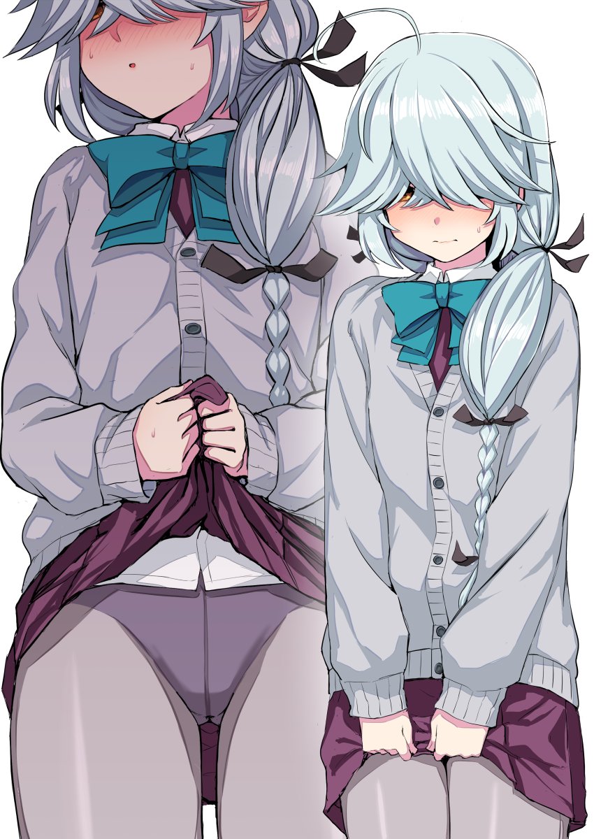 1girl ahoge bangs blue_neckwear blush bow bowtie braid cardigan closed_mouth commentary dress dress_lift grey_legwear hair_over_eyes hair_ribbon hamanami_(kantai_collection) highres kantai_collection kumadano lifted_by_self long_hair long_sleeves multi-tied_hair multiple_views nose_blush open_mouth panties pantyhose purple_panties ribbon school_uniform silver_hair simple_background single_braid sweat underwear white_background yellow_eyes