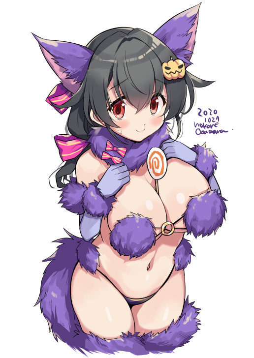 1girl animal_ears black_hair blush breasts cleavage closed_mouth cosplay cropped_legs dangerous_beast dated elbow_gloves eyebrows_visible_through_hair fate/grand_order fate_(series) fur-trimmed_gloves fur_trim gloves hair_between_eyes jingei_(kantai_collection) kantai_collection large_breasts long_hair mash_kyrielight mash_kyrielight_(cosplay) navel o-ring o-ring_top odawara_hakone red_eyes simple_background smile solo tail twitter_username white_background wolf_ears wolf_tail