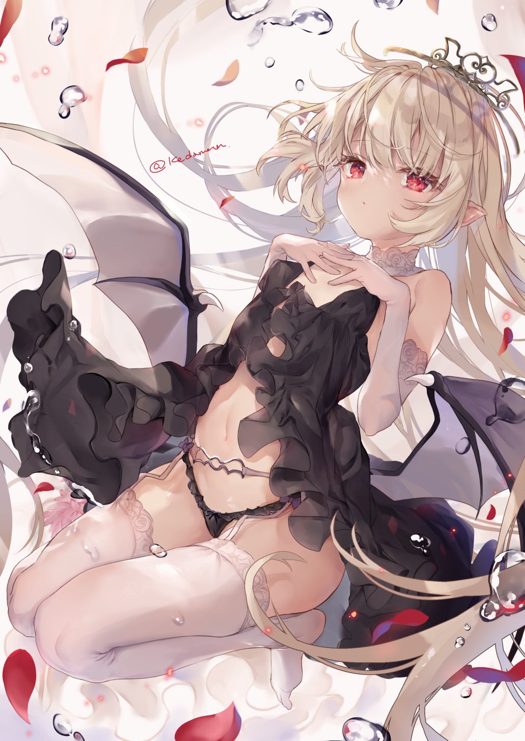 1girl bare_shoulders black_dress black_panties center_opening crown demon_wings dress elbow_gloves floating_hair garter_belt gloves highres kedama_milk lingerie long_hair looking_at_viewer navel no_shoes original own_hands_together panties petals pointy_ears red_eyes revealing_clothes sleeveless sleeveless_dress solo steepled_fingers stomach thighhighs underwear white_gloves white_hair white_legwear wings