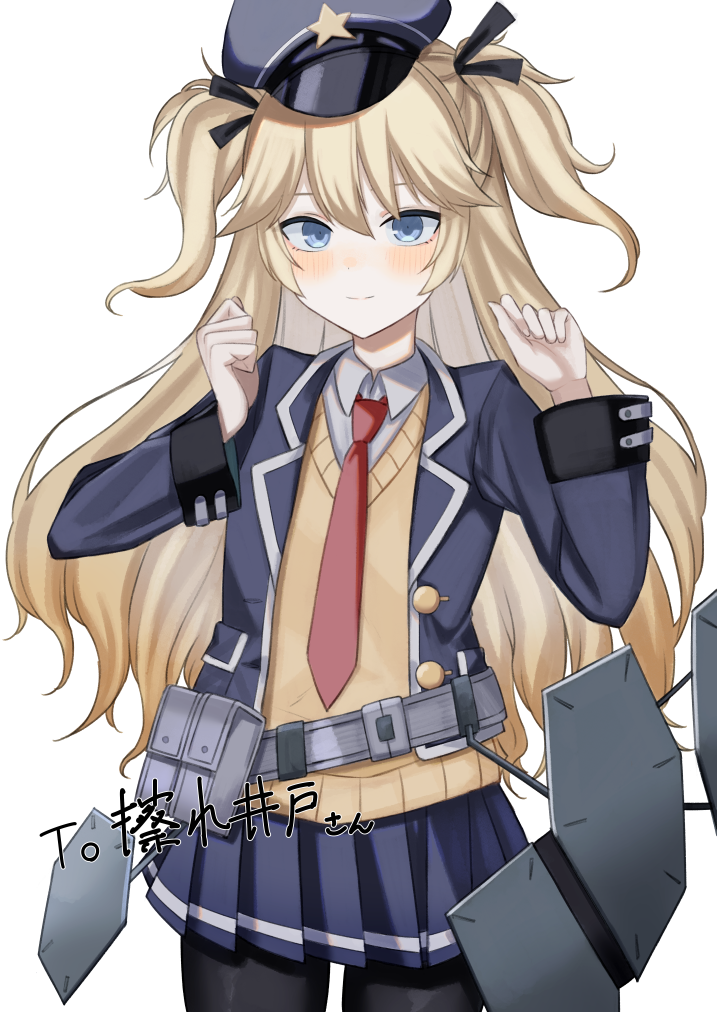 1girl a_iri_a belt belt_pouch black_legwear blazer blonde_hair blue_eyes blue_jacket blue_skirt closed_mouth collared_shirt cowboy_shot girls_frontline hands_up hat jacket long_hair long_sleeves looking_at_viewer miniskirt necktie open_clothes open_jacket pantyhose peaked_cap pleated_skirt police_hat pouch shirt simple_background skirt solo super_shorty_(girls_frontline) sweater two_side_up undershirt white_background yellow_sweater