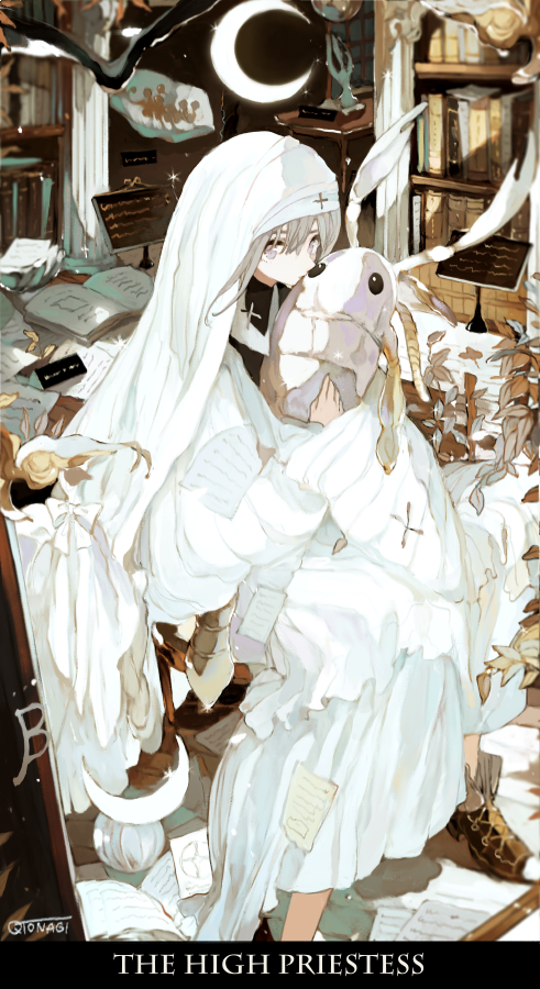 1girl animal asahiro book bookshelf carapace crescent_moon cross dress english_text falling_leaves foot_out_of_frame holding holding_animal layered_dress leaf long_sleeves moon open_book original paper plant plaque signature silver_eyes silver_hair sitting solo tarot the_high_priestess white_dress white_headwear wide_sleeves