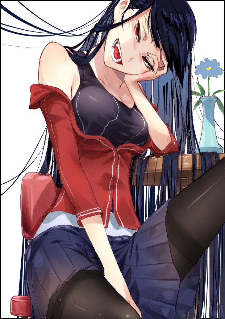 1girl bangs bare_shoulders between_legs black_border black_legwear black_swimsuit blue_flower blue_hair blue_skirt blush border breasts chair chin_rest cleavage cluseller collarbone commentary_request fang flower half-closed_eyes hand_between_legs hand_up happy head_tilt jacket leg_up long_hair looking_at_viewer medium_breasts miniskirt nose_blush off_shoulder one-piece_swimsuit open_mouth original outside_border pantyhose pleated_skirt red_eyes red_jacket shiny shiny_clothes shiny_skin simple_background sitting skindentation skirt smile solo swimsuit swimsuit_under_clothes table teeth thighband_pantyhose thighhighs tongue vase very_long_hair white_background