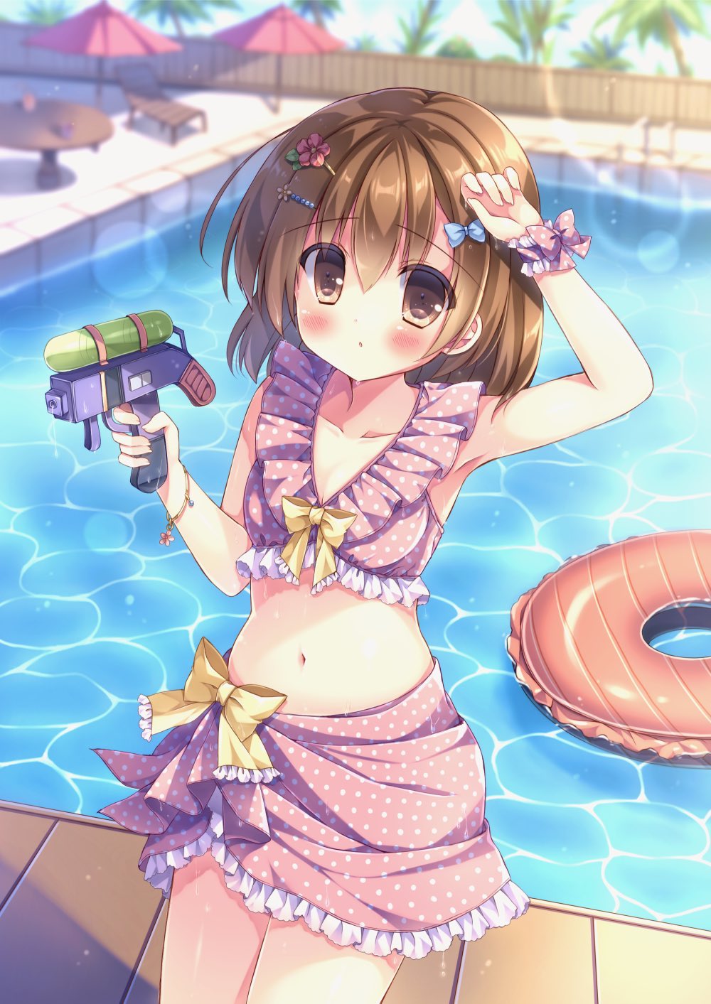 1girl arm_up blush bracelet breasts brown_eyes brown_hair cleavage collarbone foot_out_of_frame hair_ornament hairclip highres jewelry kouta. midriff navel original outdoors pool scrunchie short_hair small_breasts solo sunlight swimsuit swimsuit_skirt thighhighs water water_gun wrist_scrunchie