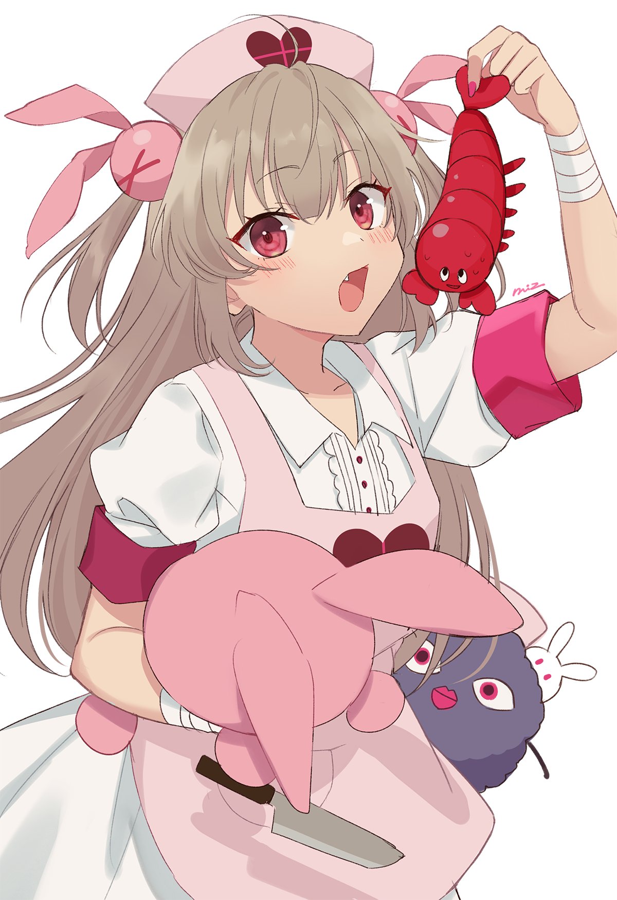 1girl apron bandaged_arm bandages bangs blush bunny_hair_ornament eyebrows_visible_through_hair fang grey_hair hair_ornament hat heart highres holding holding_stuffed_toy long_hair miz_003 natori_sana nurse_cap open_mouth pink_apron pink_hair pink_headwear sana_channel shirt short_sleeves simple_background solo stuffed_animal stuffed_bunny stuffed_toy sweat two_side_up virtual_youtuber white_background white_shirt
