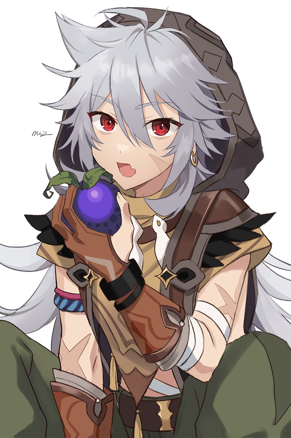 1boy ahoge arm_scar bags_under_eyes bandaged_arm bandages bangs belt brown_gloves earrings facial_scar fang food genshin_impact gloves grey_hair hair_between_eyes highres holding holding_food hood hood_up jewelry long_hair male_focus miz_003 open_mouth pants partially_fingerless_gloves razor_(genshin_impact) red_eyes scar signature simple_background solo white_background