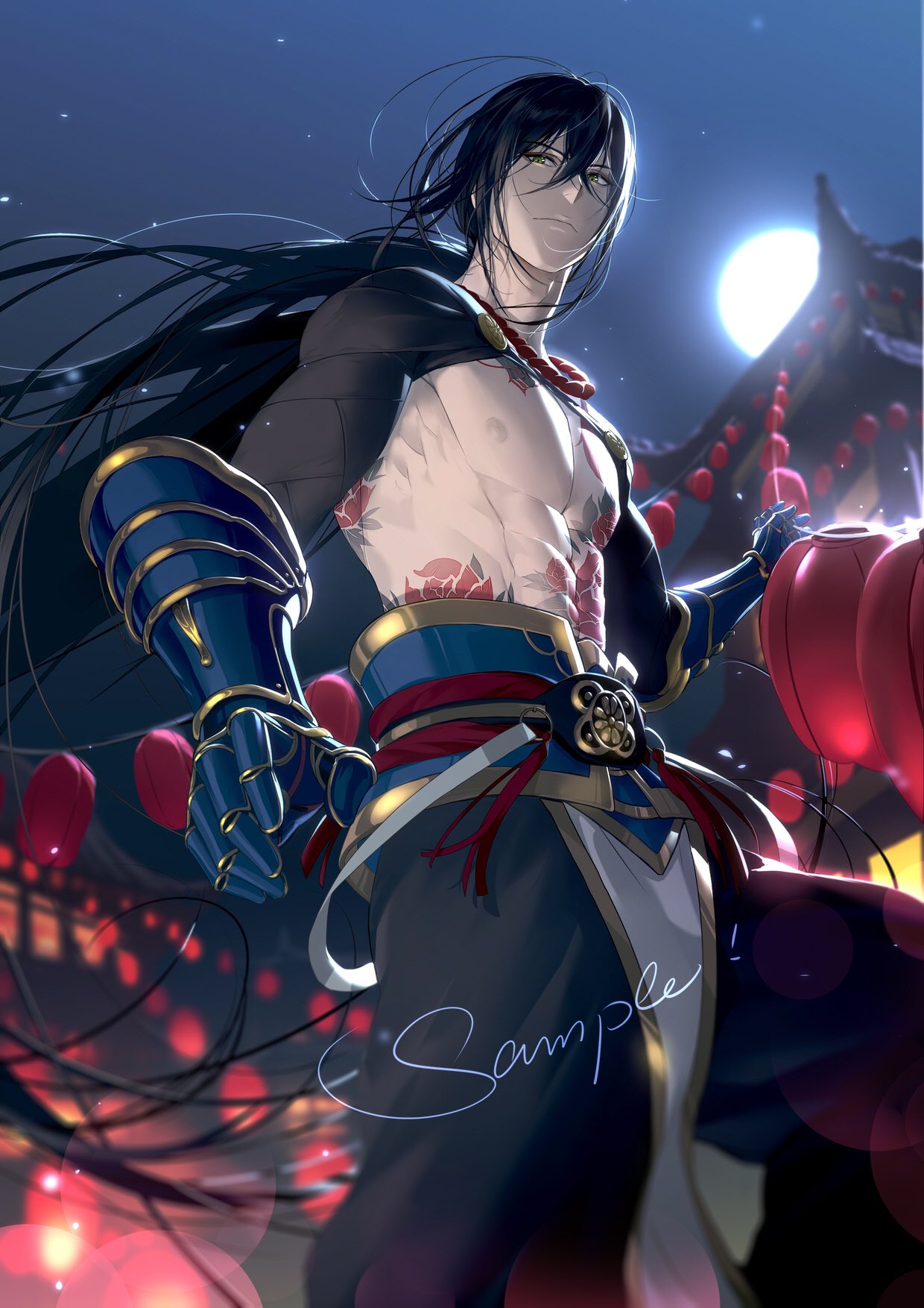 1boy abs architecture arm_wrap bangs black_hair black_pants blurry blurry_background chest chest_tattoo closed_mouth east_asian_architecture fate/grand_order fate_(series) feet_out_of_frame full_moon gauntlets green_eyes hair_between_eyes highres lantern long_hair looking_at_viewer low_ponytail male_focus moon night outdoors pagoda pants paper_lantern pectorals ponytail red_neckwear rrr_(reason) sample shirtless solo standing tattoo toned toned_male very_long_hair yan_qing_(fate/grand_order)