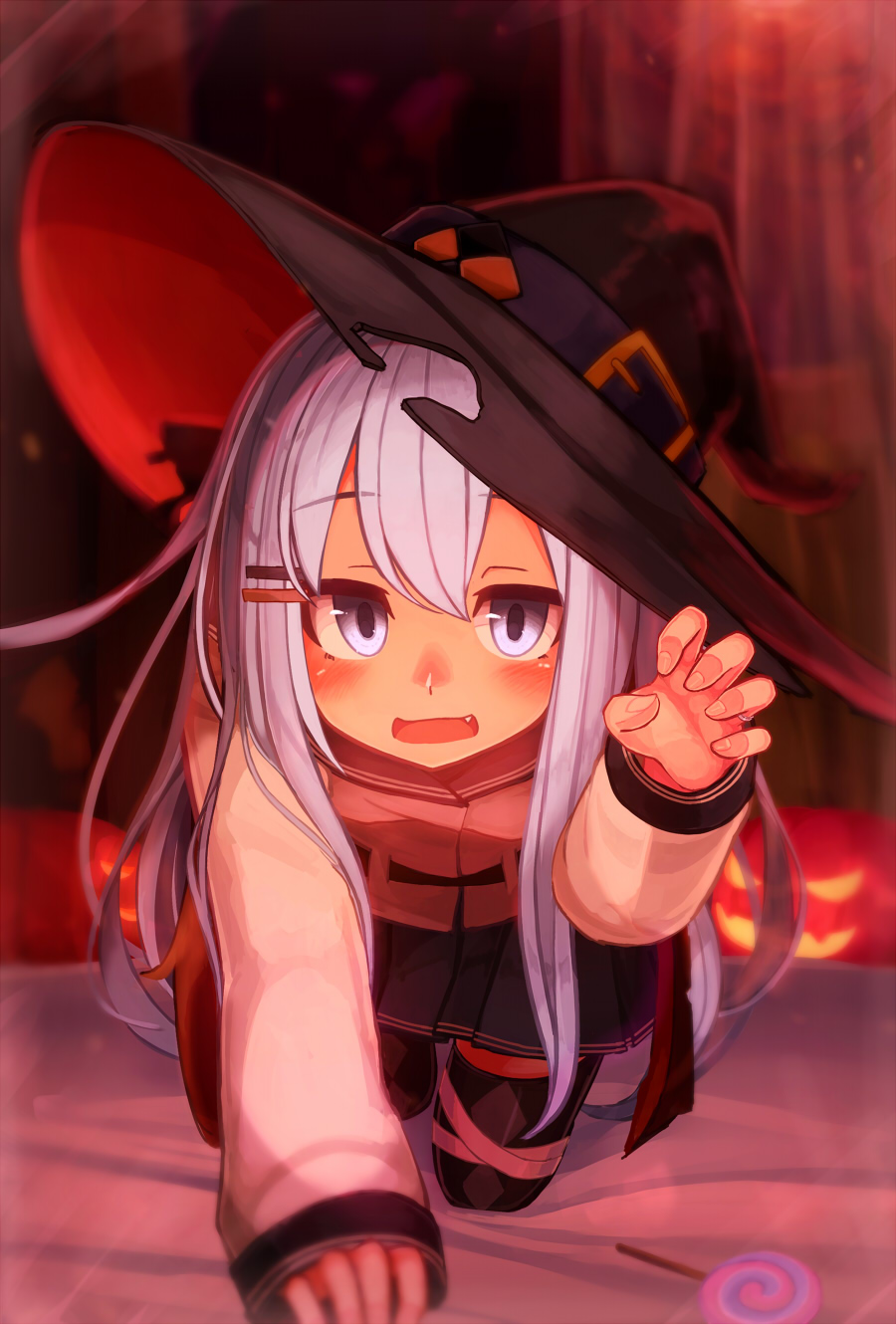 1girl all_fours bandaged_leg bandages bangs black_headwear black_legwear blue_eyes blush candy check_commentary claw_pose commentary_request eyebrows_visible_through_hair fang food hair_between_eyes hair_ornament hairclip halloween hat hibiki_(kantai_collection) highres jack-o'-lantern kantai_collection lollipop long_hair long_sleeves open_mouth pleated_skirt reitou_mikan silver_hair skirt solo thighhighs witch_hat