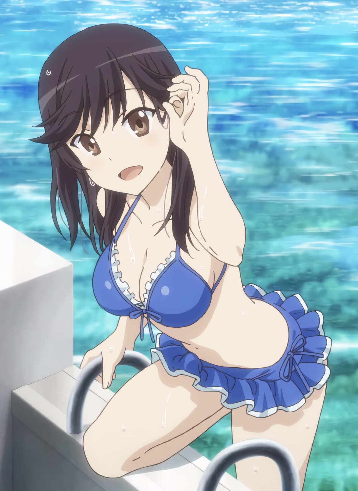 1girl :d bangs bare_arms bare_legs bikini bikini_skirt black_hair blue_bikini blue_swimsuit breasts brown_eyes cleavage collarbone eyebrows_visible_through_hair frilled_bikini frilled_skirt frills front-tie_top highres ichijou_hotaru large_breasts long_hair looking_at_viewer medium_hair non-web_source non_non_biyori official_art open_mouth pool pool_ladder poolside sidelocks skirt smile solo swimsuit thighs water wet