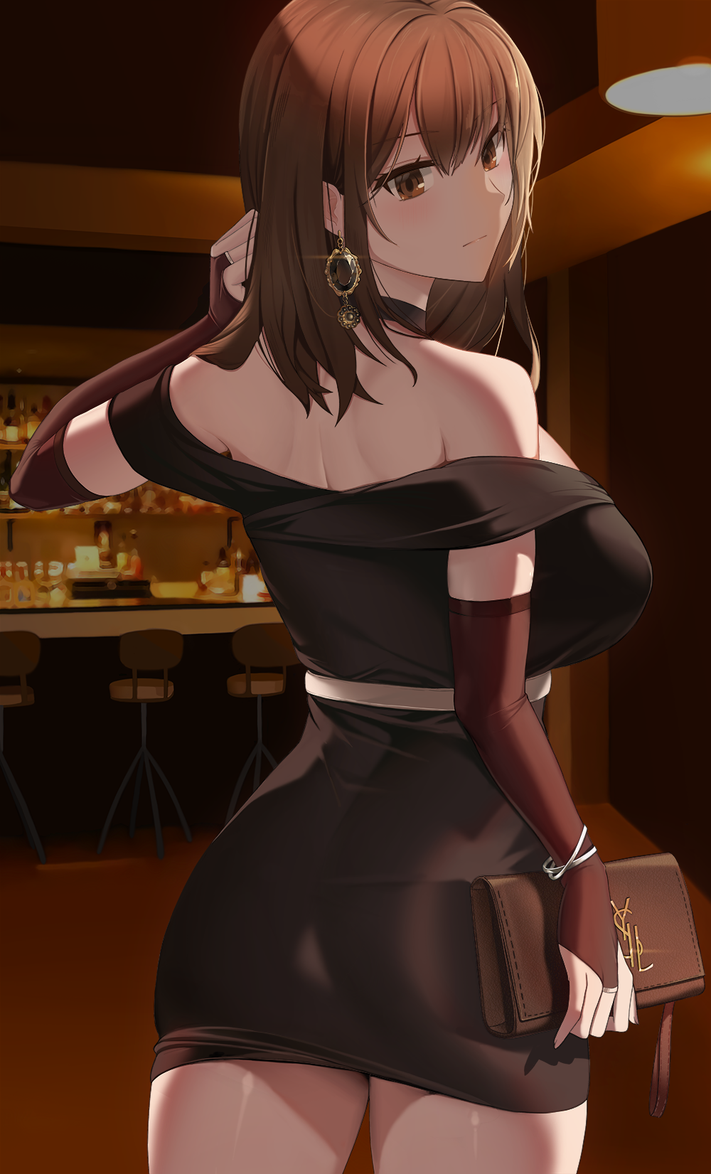 1girl asato_mai ass back backlighting bag bangs bar bar_stool bare_shoulders black_dress blush bracelet breasts bridal_gauntlets brown_eyes brown_gloves brown_hair choker cowboy_shot dress earrings elbow_gloves expressionless eyebrows_visible_through_hair from_behind glint gloves hair_between_eyes hair_tousle hand_up handbag highres holding indoors jewelry large_breasts long_hair looking_at_viewer looking_back off-shoulder_dress off_shoulder original short_dress shoulder_blades solo standing stool