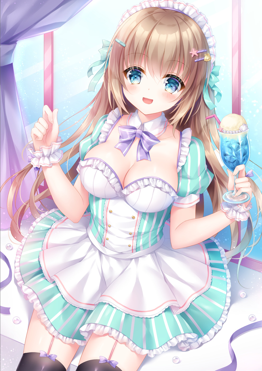 1girl :d apron bangs black_legwear blue_eyes blush bow bowtie breasts cleavage commentary_request cup curtains detached_collar dress drinking_straw eyebrows_visible_through_hair feet_out_of_frame food garter_straps green_dress hair_ornament hair_ribbon hairclip highres ice_cream ice_cream_float kohinata_hoshimi large_breasts light_brown_hair long_hair maid_apron maid_dress maid_headdress open_mouth original pearl_(gemstone) puffy_short_sleeves puffy_sleeves purple_bow purple_neckwear ribbon scrunchie short_sleeves sitting smile solo striped striped_dress thighhighs vertical-striped_dress vertical_stripes window wrist_scrunchie