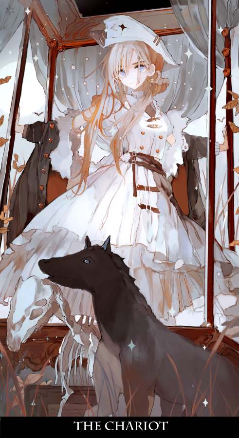 1girl animal_skull asahiro belt black_jacket blonde_hair blue_eyes curtains dog dress english_text fur-trimmed_jacket fur_trim hat hat_ornament jacket layered_dress leaf long_hair open_clothes open_jacket original outstretched_arms plant skeleton solo sparkle spread_arms tarot the_chariot white_dress