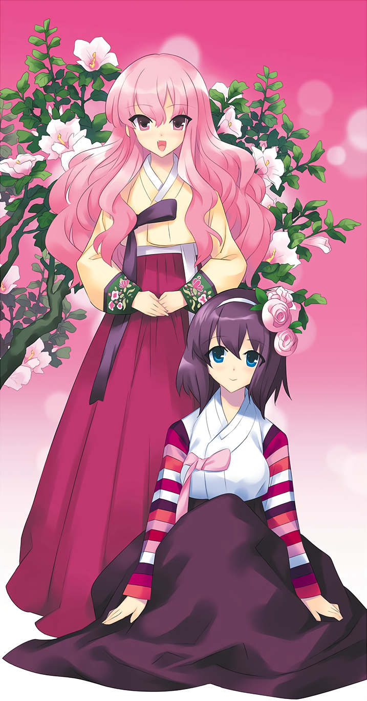 2girls flower hair_flower hair_ornament hanbok henrietta_de_tristain highres korean_clothes looking_at_viewer louise_francoise_le_blanc_de_la_valliere multiple_girls noise_reduction official_art pink_hair pink_ribbon purple_hair ribbon scan usatsuka_eiji zero_no_tsukaima