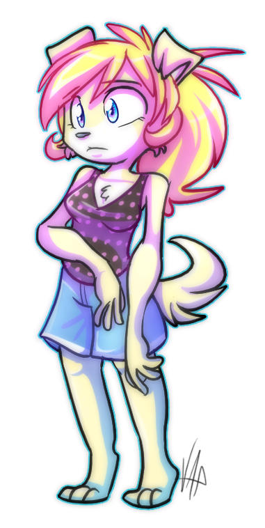 2007 anthro barefoot blonde_hair blue_eyes bottomwear breasts canid canine canis chest_tuft clothing domestic_dog female hair mammal shorts simple_background solo standing tan_body tuft vap_(vaporotem) vaporotem white_background