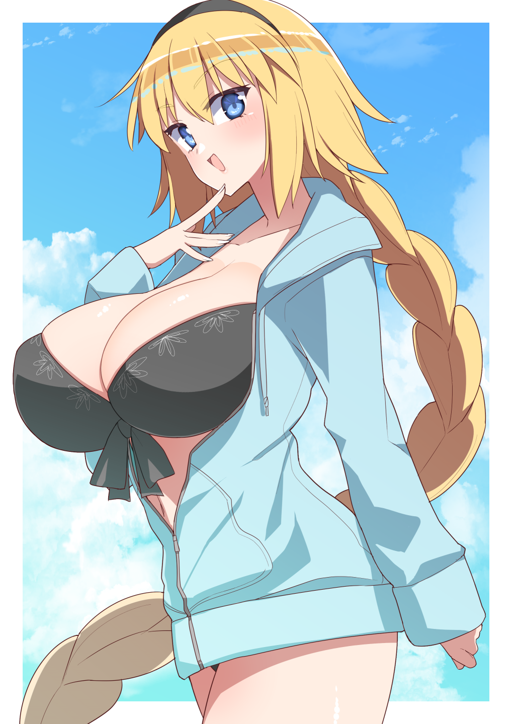 1girl :d akitokage01 alternate_breast_size bangs bikini black_bikini black_hairband blonde_hair blue_eyes blush border braid breasts cleavage collarbone commentary_request cowboy_shot day fate/grand_order fate_(series) finger_to_chin from_side front-tie_bikini front-tie_top hairband hand_up highres huge_breasts jacket jeanne_d'arc_(fate)_(all) jeanne_d'arc_(swimsuit_archer) large_breasts long_hair long_sleeves looking_at_viewer navel open_mouth outside_border single_braid sleeves_past_wrists smile solo standing swimsuit very_long_hair white_border