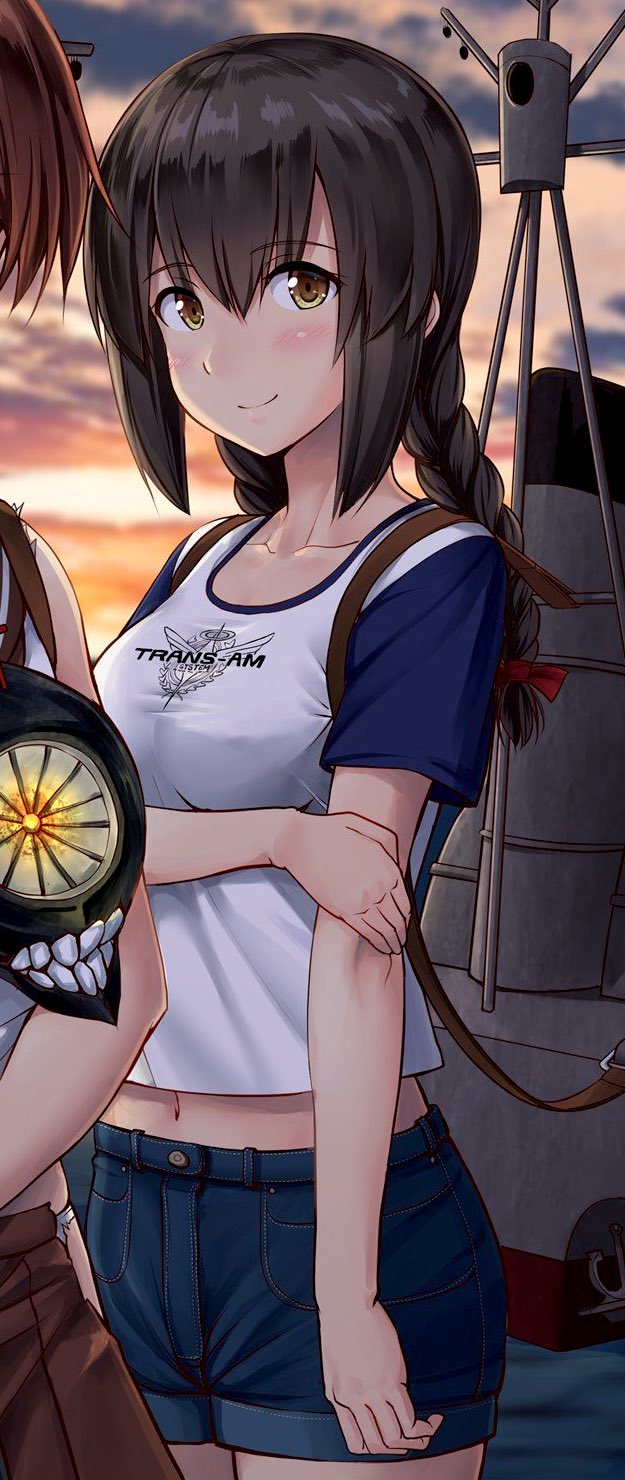 2girls alternate_costume black_eyes black_hair blue_shorts braid breasts casual clothes_writing collarbone commentary_request cowboy_shot denim denim_shorts hair_between_eyes highres ichikawa_feesu isonami_(kantai_collection) kantai_collection machinery medium_breasts multiple_girls navel raglan_shirt shikinami_(kantai_collection) shorts sidelocks solo_focus sunset twin_braids