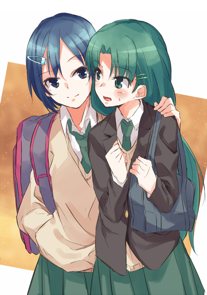 2girls bag blazer blue_eyes blue_hair commentary_request contemporary eye_contact green_eyes green_hair hair_ornament hairclip hand_on_another's_shoulder jacket long_hair looking_at_another multiple_girls necktie open_mouth ponekusan school_bag school_uniform short_hair siblings simple_background sisters skirt smile sweatdrop taishou_yakyuu_musume tsukubae_shizuka tsukubae_tomoe white_background