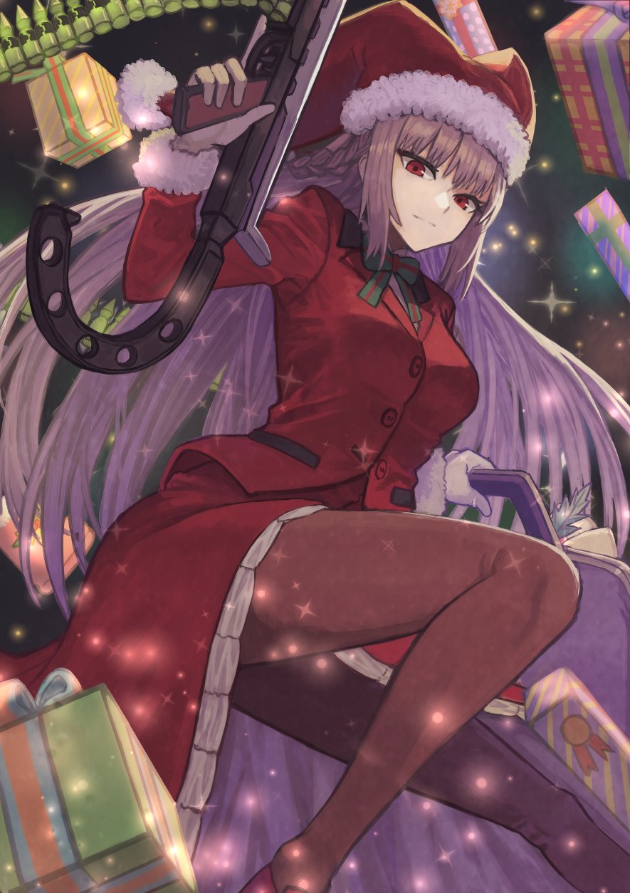 1girl bow braid fate/grand_order fate_(series) florence_nightingale_(fate/grand_order) florence_nightingale_santa_(fate/grand_order) fur-trimmed_headwear gift green_bow gun hat highres holding holding_weapon janoukyo19 red_eyes santa_costume santa_hat silver_hair thighhighs weapon