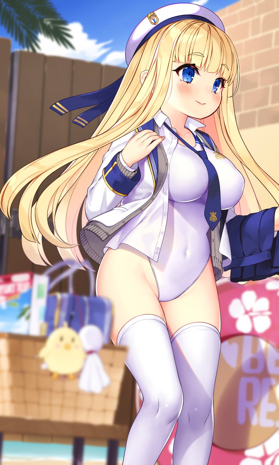 1girl azur_lane bangs bird blonde_hair blue_eyes blue_neckwear blue_sky blunt_bangs blurry brick_wall chick cloud commentary_request competition_swimsuit day depth_of_field eyes_visible_through_hair feet_out_of_frame highres icarus_(azur_lane) icarus_(nereid's_discovery)_(azur_lane) jacket kuro_chairo_no_neko long_hair manjuu_(azur_lane) necktie official_alternate_costume one-piece_swimsuit outdoors school_uniform skirt skirt_removed sky solo swimsuit swimsuit_under_clothes teruterubouzu thighhighs white_jacket white_legwear white_swimsuit