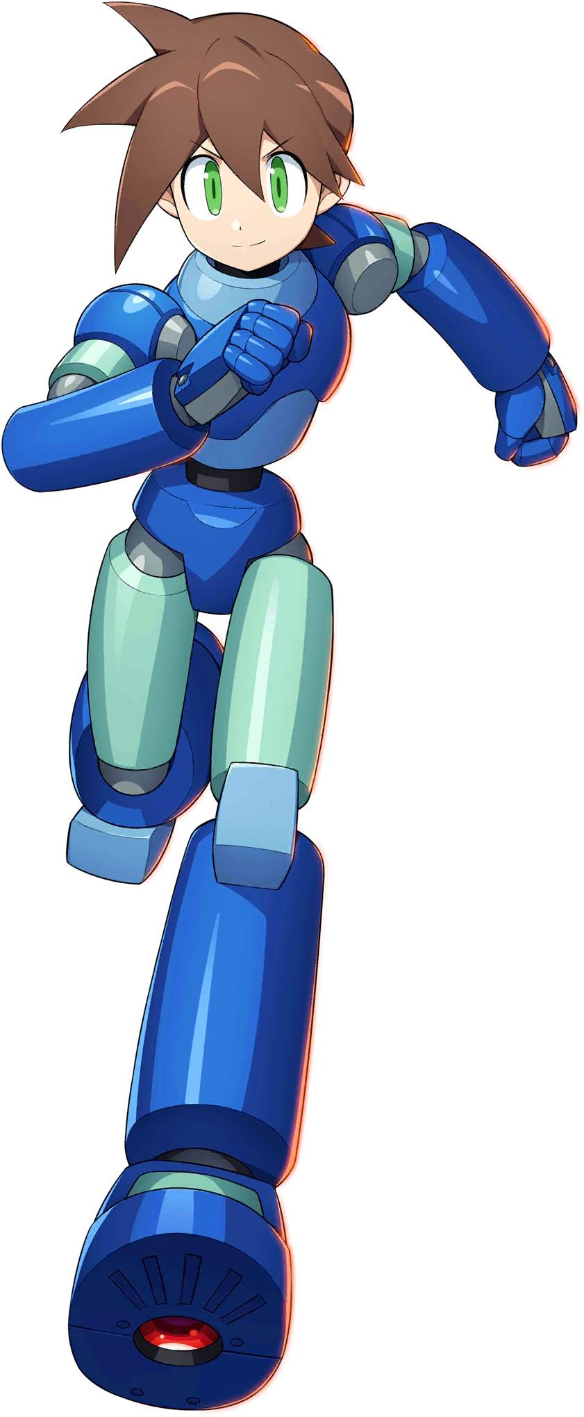 1boy android brown_hair capcom facing_viewer full_body green_eyes hair_between_eyes highres looking_at_viewer male_focus mizuno_keisuke official_art robot rock_volnutt rockman rockman_dash rockman_x_dive running smile solo transparent_background