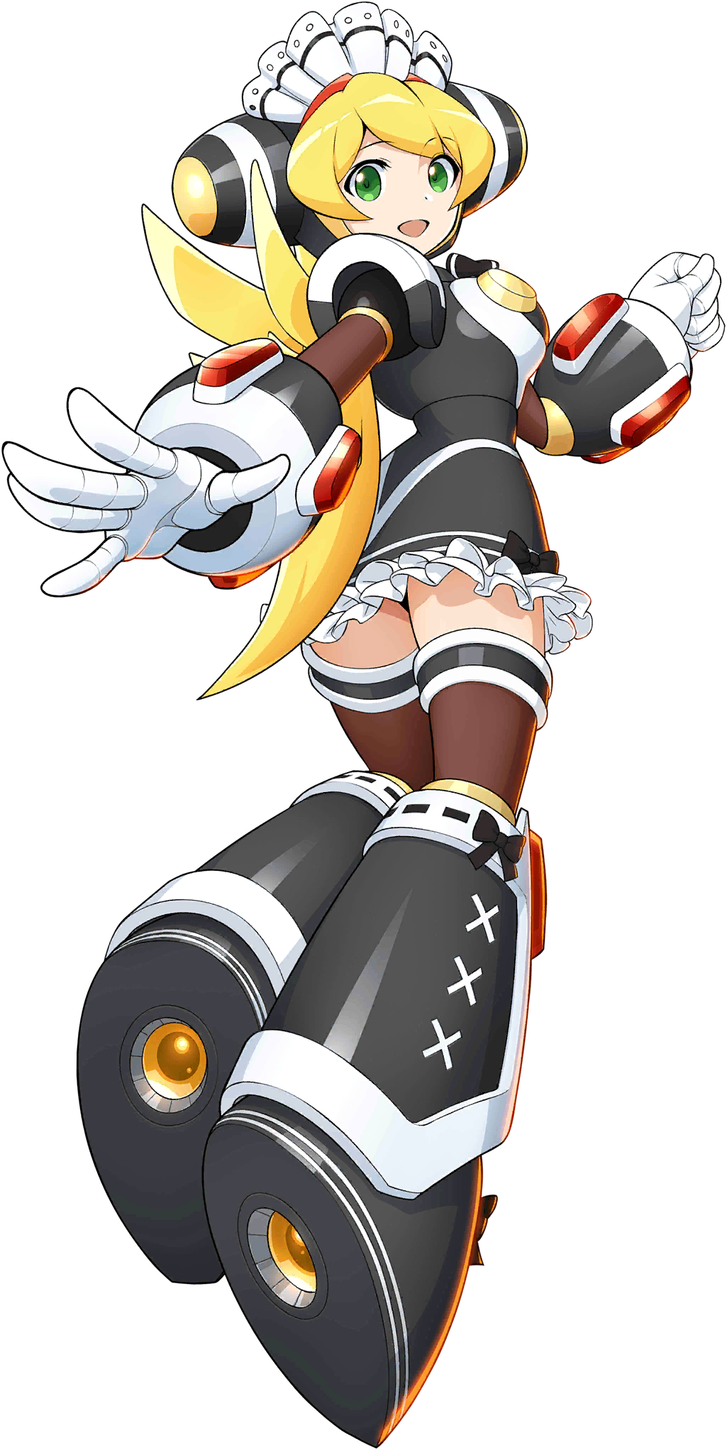 1girl :d alternate_costume android blonde_hair breasts capcom cinnamon eyebrows_visible_through_hair frills from_behind full_body green_eyes headgear highres legs_together long_hair looking_at_viewer looking_back maid maid_headdress mizuno_keisuke official_art open_mouth rockman rockman_x rockman_x_command_mission rockman_x_dive smile solo thighhighs transparent_background zettai_ryouiki
