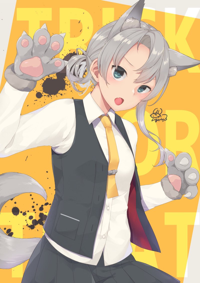 1girl adapted_costume alternate_sleeve_length animal_ears asymmetrical_hair background_text bangs black_skirt black_vest commentary_request dress_shirt fang flipped_hair gloves kantai_collection long_hair long_sleeves necktie nowaki_(kantai_collection) open_mouth paw_gloves paws pleated_skirt shirt silver_eyes silver_hair skin_fang skirt solo swept_bangs tail trick_or_treat unoshima_kanaka vest white_shirt wolf_ears wolf_tail yellow_background yellow_neckwear