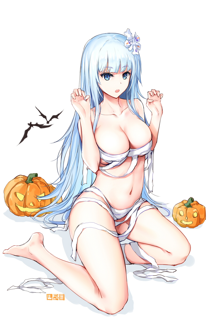1girl bandages bangs barefoot bat blue_hair blunt_bangs breasts collarbone eyebrows_visible_through_hair flower full_body hair_flower hair_ornament halloween hands_up highres jack-o'-lantern large_breasts legs long_hair looking_at_viewer naked_bandage navel nude open_mouth original pumpkin shibanme_tekikumo simple_background sitting solo white_background