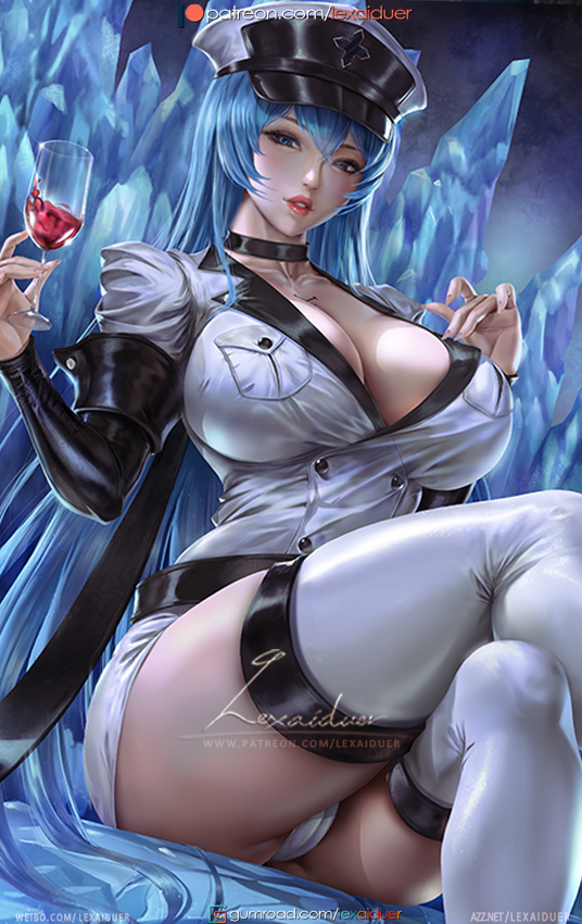 1girl akame_ga_kill! alcohol blue_eyes blue_hair boots breasts choker cleavage collarbone crossed_legs cup drinking_glass esdeath glass hair_between_eyes hat holding holding_cup ice large_breasts lexaiduer long_hair looking_at_viewer military military_uniform peaked_cap signature sky smile solo tattoo thigh_boots thighhighs thighs uniform very_long_hair wine wine_glass