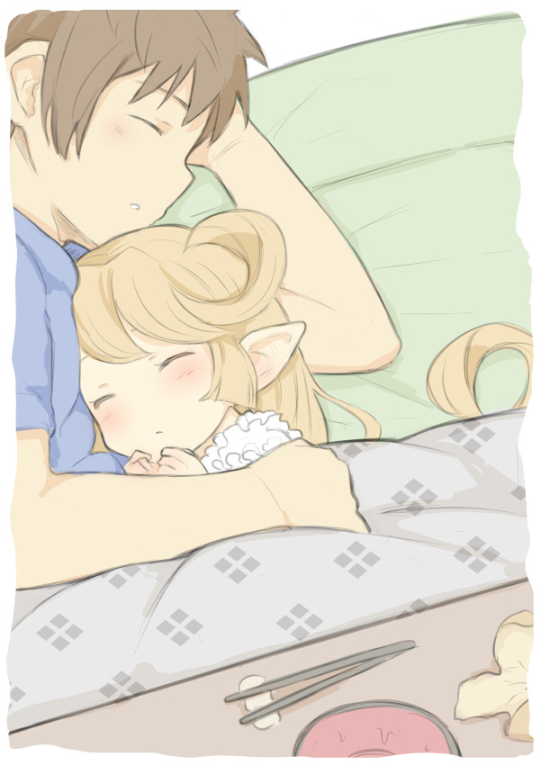 bed blonde_hair blush brown_hair charlotta_fenia clothing cuddling duo eyes_closed female furniture gran_(granblue_fantasy) granblue_fantasy hair hand_on_head hand_on_shoulder harvin head_on_chest human humanoid humanoid_pointy_ears male mammal not_furry size_difference sleeping smaller_female walkalone_(artist) young