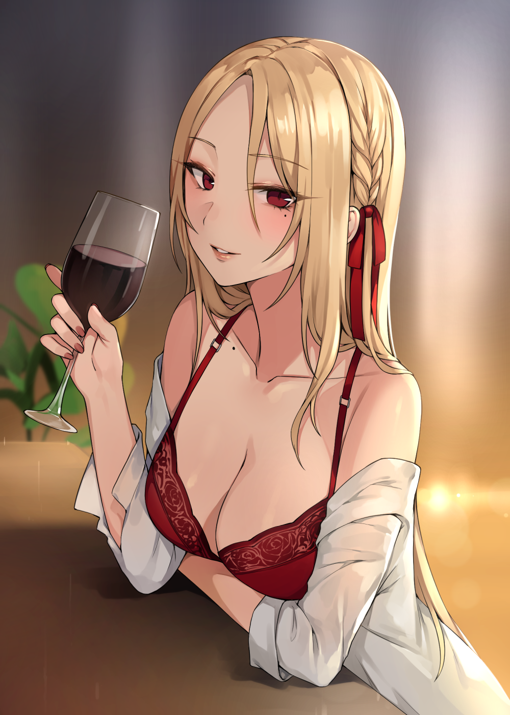 1girl alcohol arm_under_breasts bangs bare_shoulders blonde_hair blurry blush bra braid breasts canape_(canape0130) collarbone cup depth_of_field dress_shirt drinking_glass elbow_rest elbows_on_table eyebrows_visible_through_hair fingernails hair_ribbon hair_strand hand_up highres holding holding_cup indoors light_smile lingerie lipgloss lips long_hair looking_at_viewer medium_breasts mole mole_under_eye off_shoulder open_clothes open_shirt original parted_bangs parted_lips plant red_bra red_eyes red_nails ribbon shirt sleeves_folded_up solo table underwear wine wine_glass