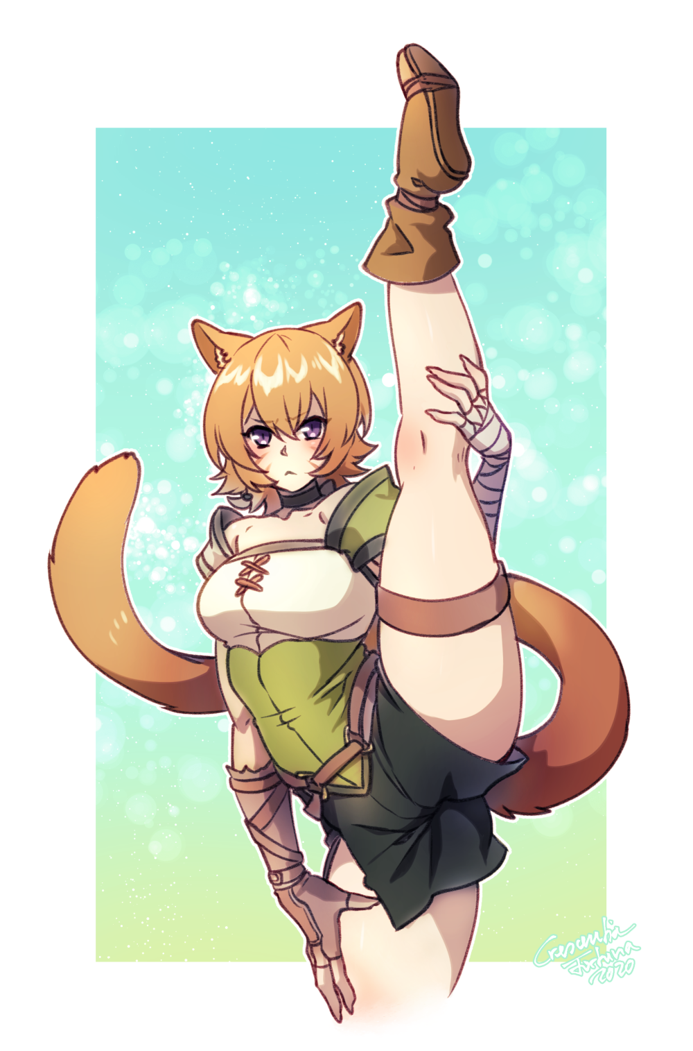 1girl animal_ears cat_ears cat_tail closed_mouth crescentia facial_mark fire_emblem fire_emblem:_path_of_radiance flexible highres leg_lift lethe_(fire_emblem) orange_hair purple_eyes short_hair solo split standing standing_on_one_leg standing_split tail thigh_strap