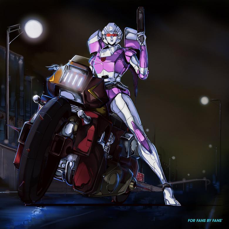 1980s_(style) 1boy 1girl arcee autobot english_commentary english_text ground_vehicle gun hinomars19 holding holding_gun holding_weapon looking_down mecha motor_vehicle motorcycle no_humans parody retro_artstyle sunglasses terminator transformers weapon wreck-gar